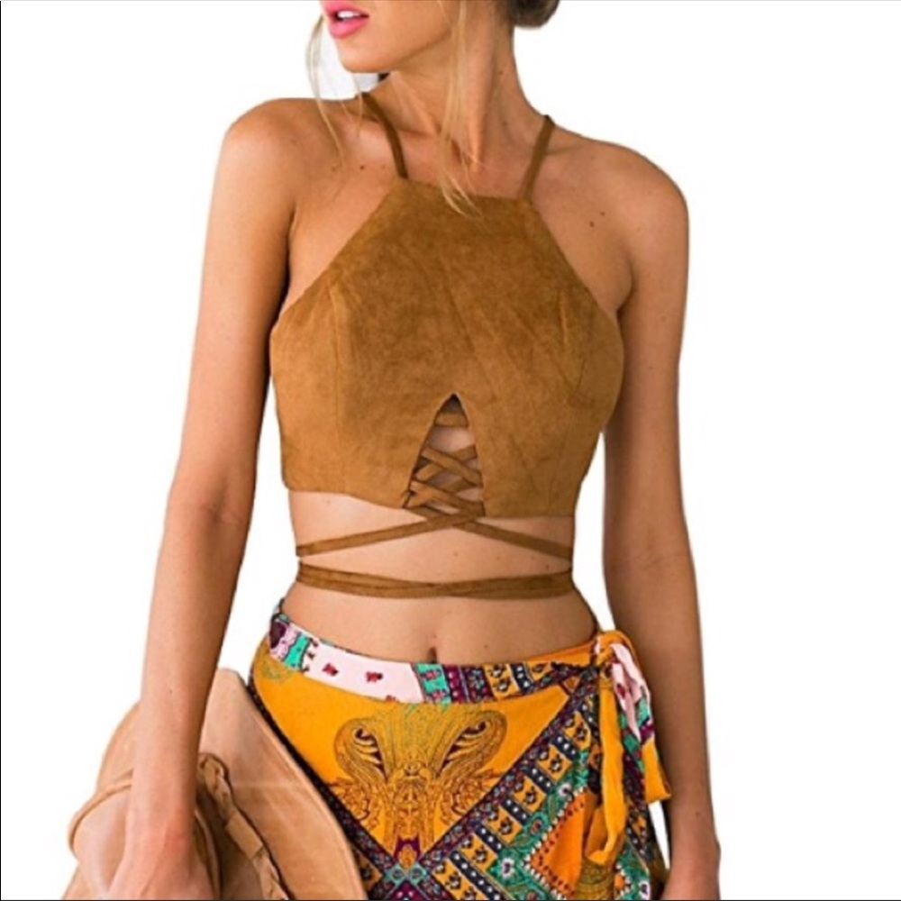 Thai around suede crop top and asymmetrical skirt